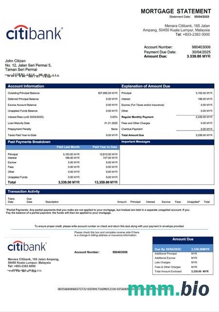 Malezja Citibank Malaysia wyciąg z kredytu hipotecznego szablon Word i PDF